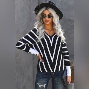 Chevron V-Neck Button Cuff Sweater